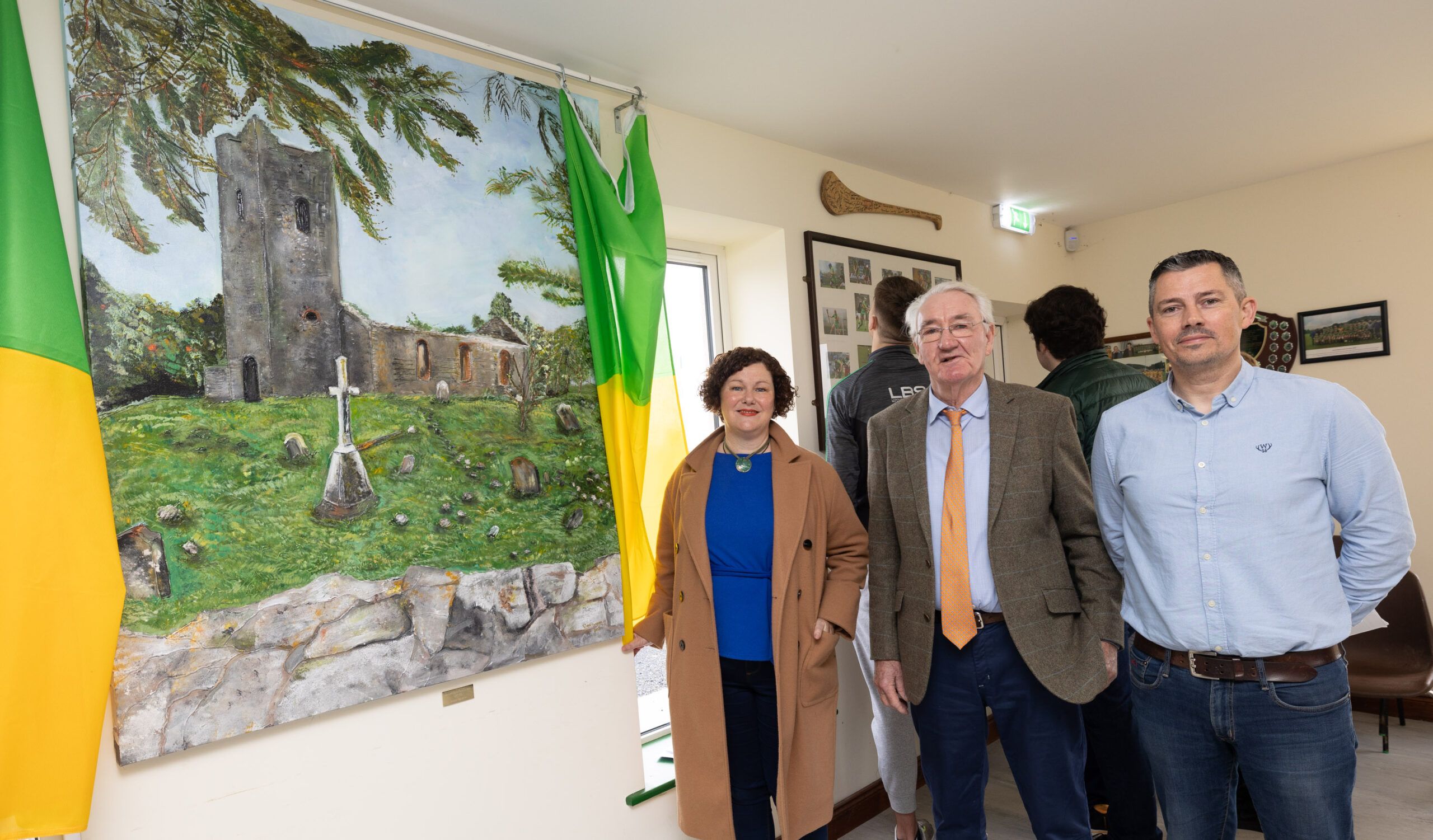 Artist Aileen Donovan, James Deegan, chairman of the conservation committee and David Broderick, creative communities engagement officer Laois County Council at the unveiling of a painting of the Dysart Enos old Church by artist Aileen Donovan at Park Ratheniska GAA Club. This project was funded by Creative Laois/Creative Ireland as part of their Heritage through Art grant scheme. Picture: Alf Harvey.