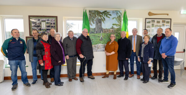 Members of the conservation committee with David Broderick, creative communities engagement officer Laois County Council at the unveiling of a painting of the Dysart Enos old Church by artist Aileen Donovan at Park Ratheniska GAA Club. This project was funded by Creative Laois/Creative Ireland as part of their Heritage through Art grant scheme. Picture: Alf Harvey.
