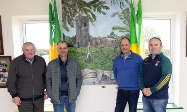 The grass cutting team of Liam Wall, Jim Morrin, Jimmy Fitzpatrick and Liam Dunne at the unveiling of a painting of the Dysart Enos old Church by artist Aileen Donovan at Park Ratheniska GAA Club. This project was funded by Creative Laois/Creative Ireland as part of their Heritage through Art grant scheme. Picture: Alf Harvey.